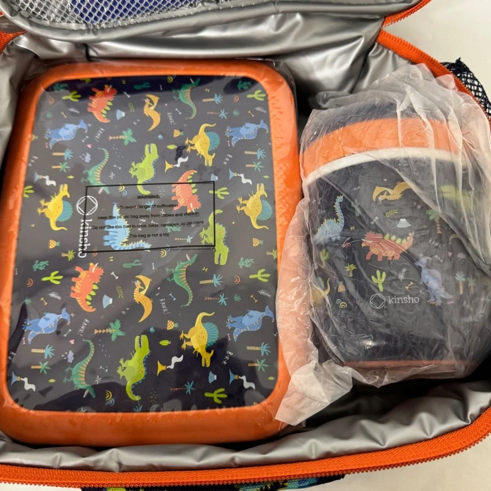 Kinsho Bento Blue Orange Dinosaur Insulated Lining Lunch Box Thermo Ice Pack NEW